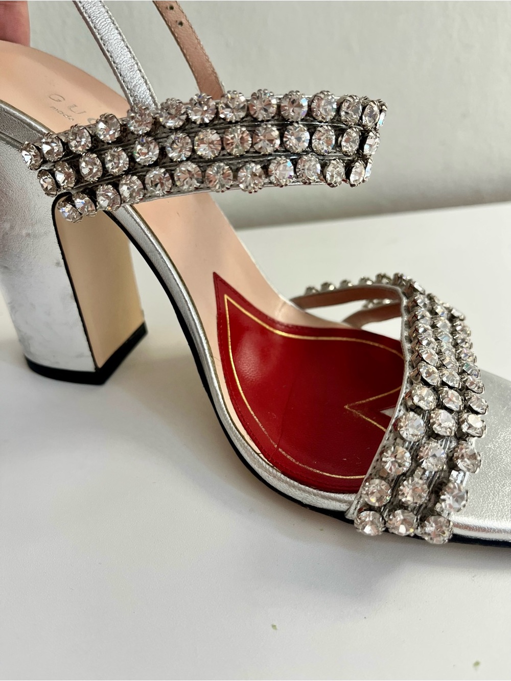 Gucci Bertie Crystal Metallic Leather Sandals Size 36.5 - Picture 10 of 16